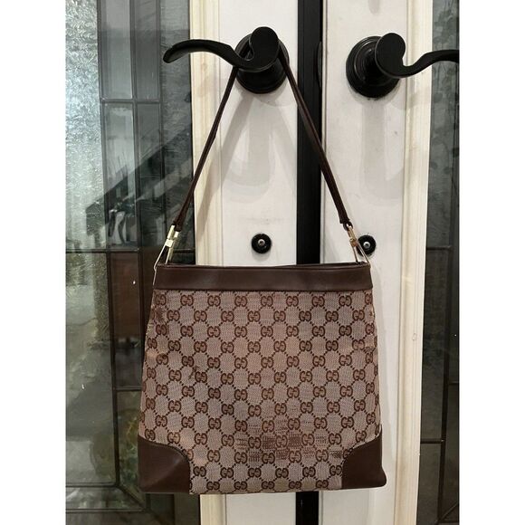 Gucci Handbags - Auth Gucci Jackie GG Canvas Leather Beige Dark Brown One Shoulder Bag